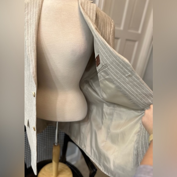 NWOT Beige White Perry Ellis Pin Stripe Linen Cotton Stud Boss Blazer 42R - Picture 11 of 15